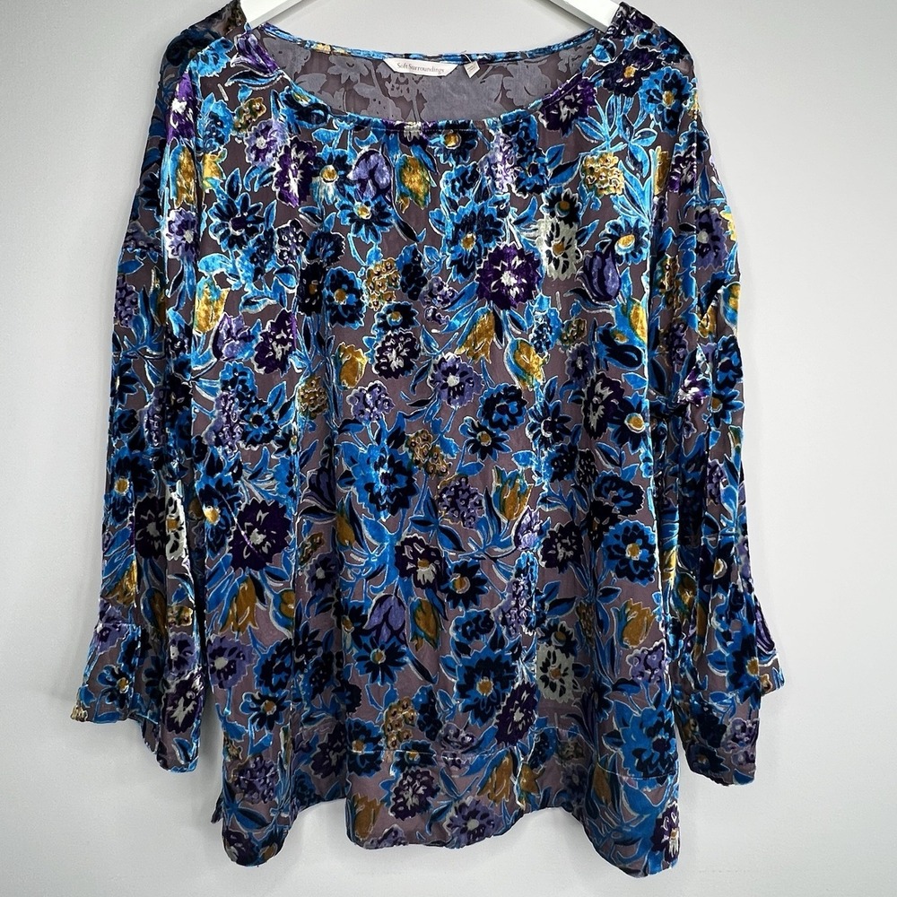 Soft Surroundings Velvet Burnout Top Jewel Tone Sheer Women XL Boho Luxe Artsy